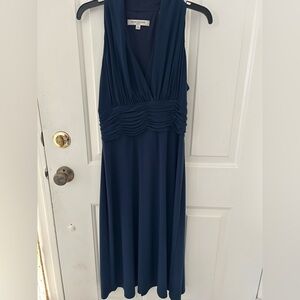 Evan Picone Navy V-Neck Pleated Waist Maxi Dress